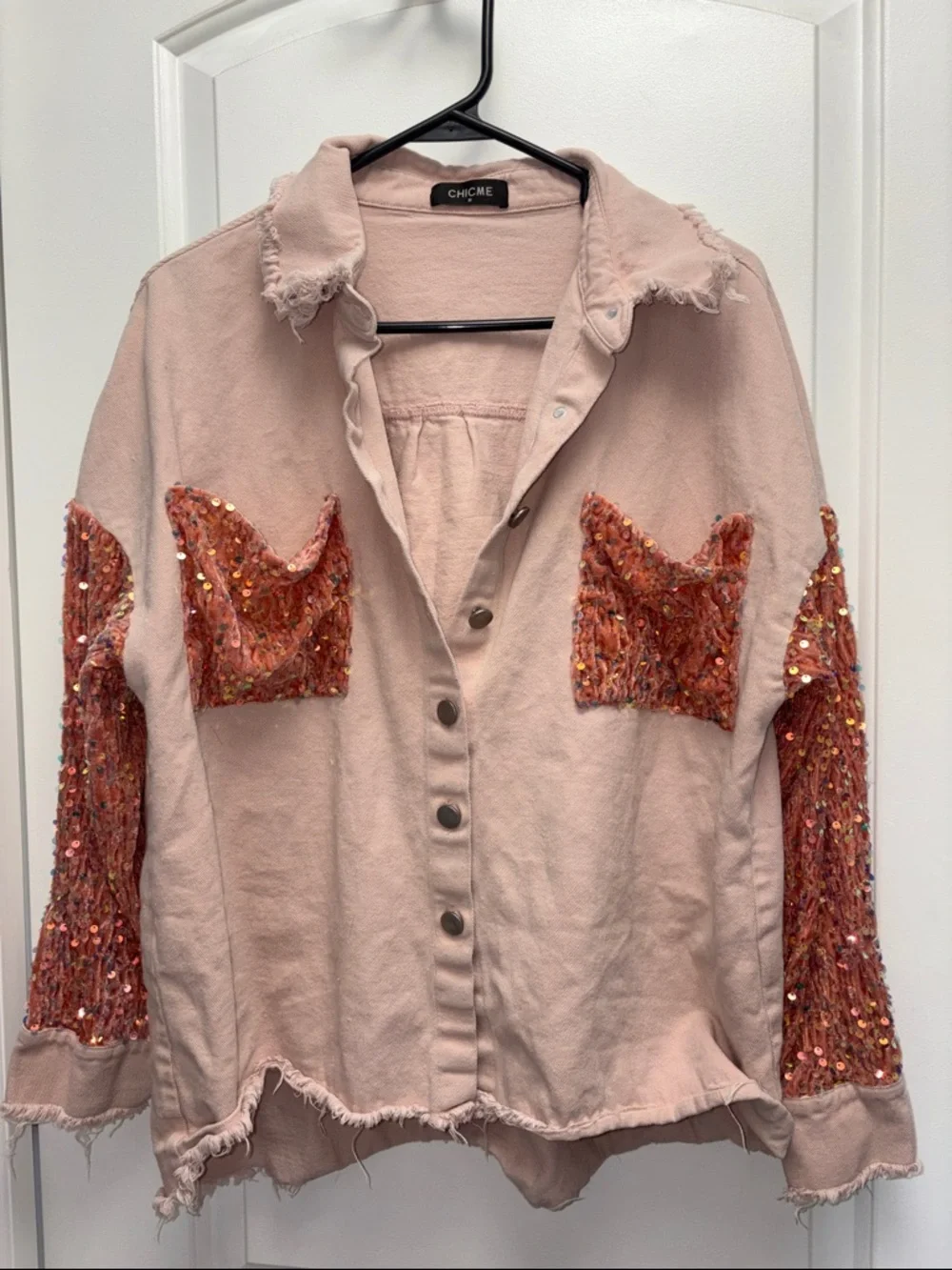 Chicme women's sequin patchwork denim Shacket Size Medium - Picture 4 of 8